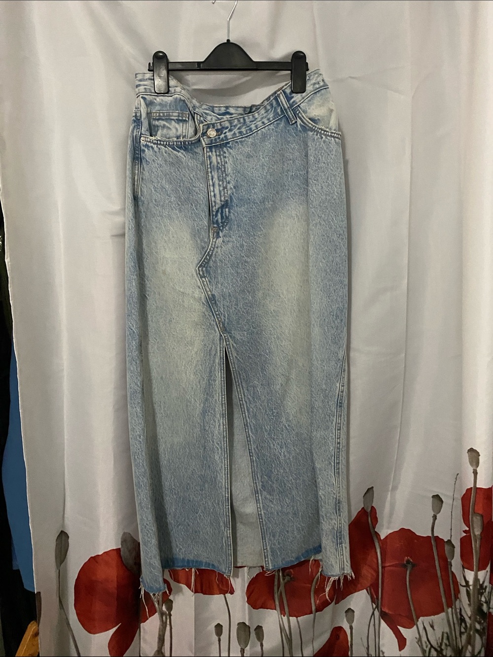 Zara Size L Light Blue Denim Maxi Skirt with Asymmetrical Waistband.